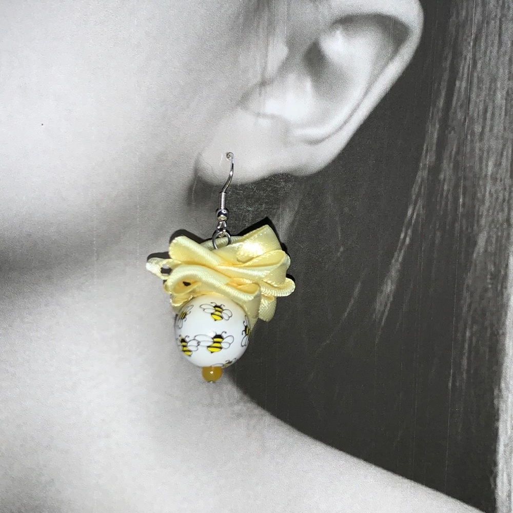 Hand Crafted Honey Bee Ball Drop Gumball Dangling Earrings with Yellow Ribbon